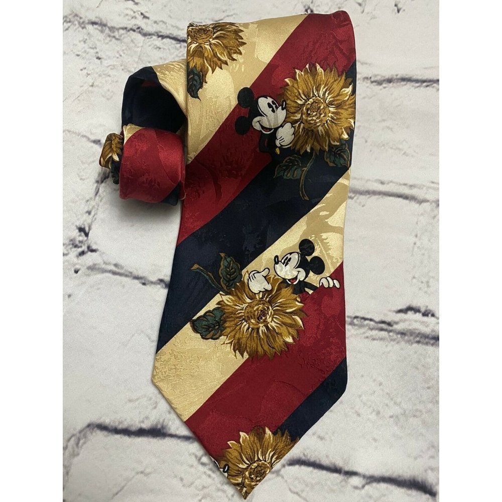 Vintage 90s The Disney Store Mickey‎ Mouse Sunflower 100% Silk Neck Tie 1990s